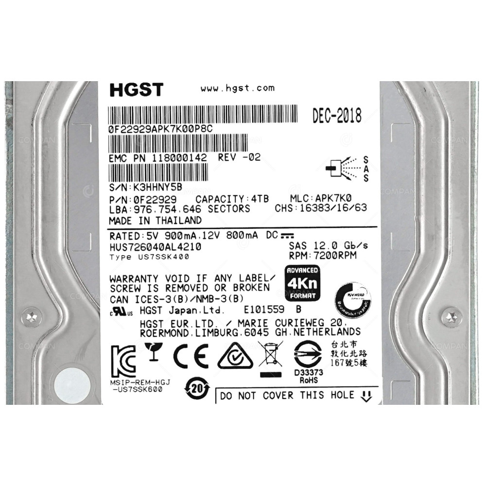 005052430 EMC HDD 4TB 7.2K SAS 6/12G 3.5" LFF